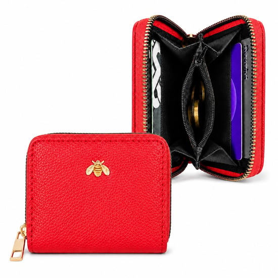 Women’s Small Zip Around Coin Purse RFID Bee Logo Card Wallet in Red - Image 1