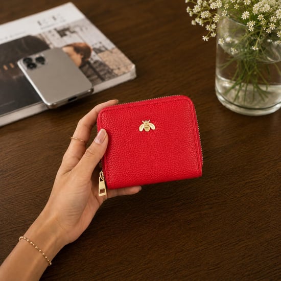 Women’s Small Zip Around Coin Purse RFID Bee Logo Card Wallet in Red - Image 2