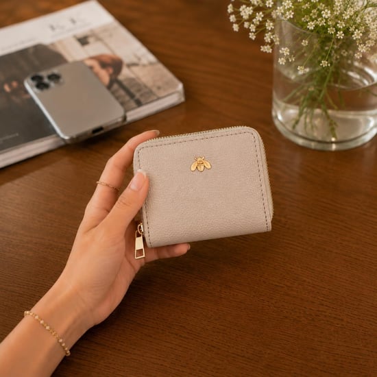Women’s Small Zip Around Coin Purse RFID Bee Logo Card Wallet in Nude - Image 2