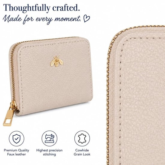 Women’s Small Zip Around Coin Purse RFID Bee Logo Card Wallet in Nude - Image 4