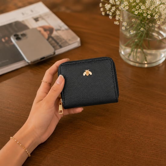 Women’s Small Zip Around Coin Purse RFID Bee Logo Card Wallet in Black - Image 2