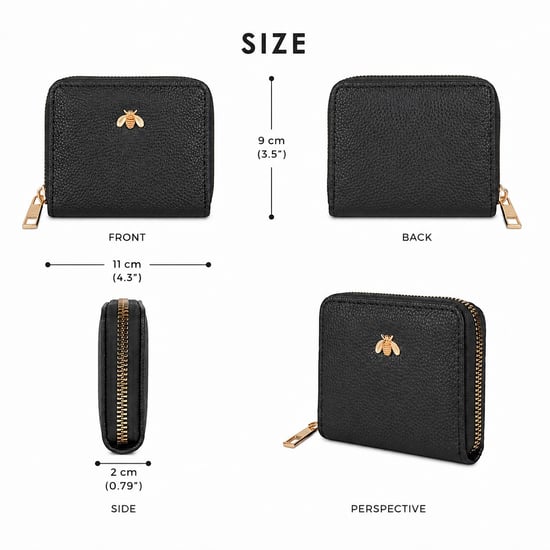 Women’s Small Zip Around Coin Purse RFID Bee Logo Card Wallet in Black - Image 3