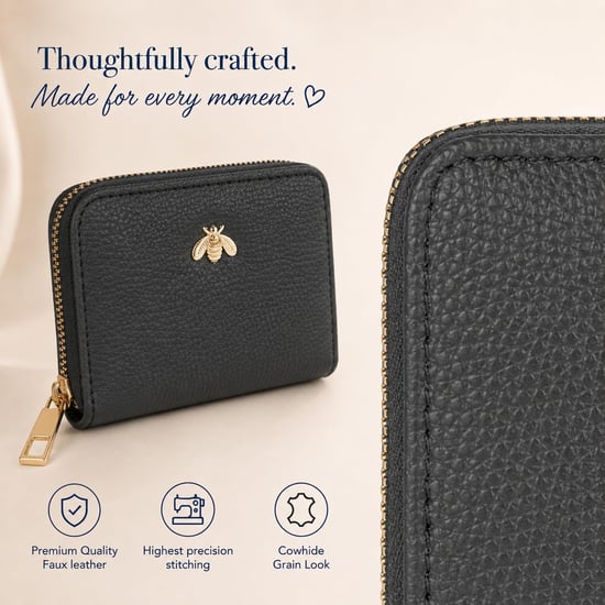 Women’s Small Zip Around Coin Purse RFID Bee Logo Card Wallet in Black - Image 4
