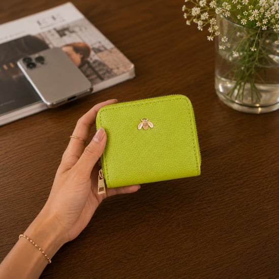 Women’s Small Zip Around Coin Purse RFID Bee Logo Card Wallet in Lime Green - Image 2