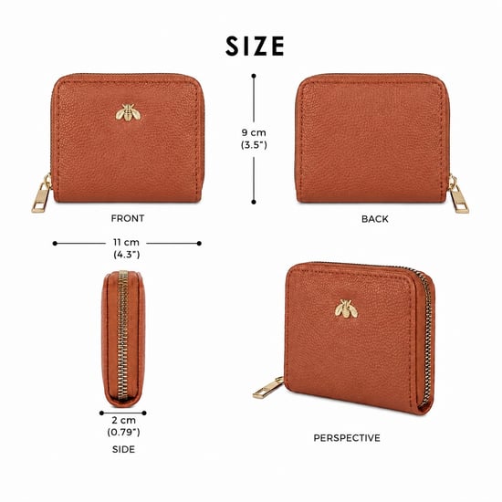 Women’s Small Zip Around Coin Purse RFID Bee Logo Card Wallet in Tan - Image 3
