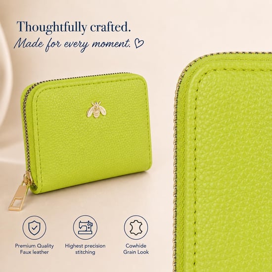 Women’s Small Zip Around Coin Purse RFID Bee Logo Card Wallet in Lime Green - Image 4