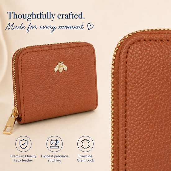 Women’s Small Zip Around Coin Purse RFID Bee Logo Card Wallet in Tan - Image 4