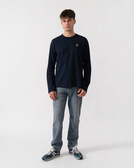 Regular Fit Long Sleeve Logo Detail T-Shirt in Navy - Image 3
