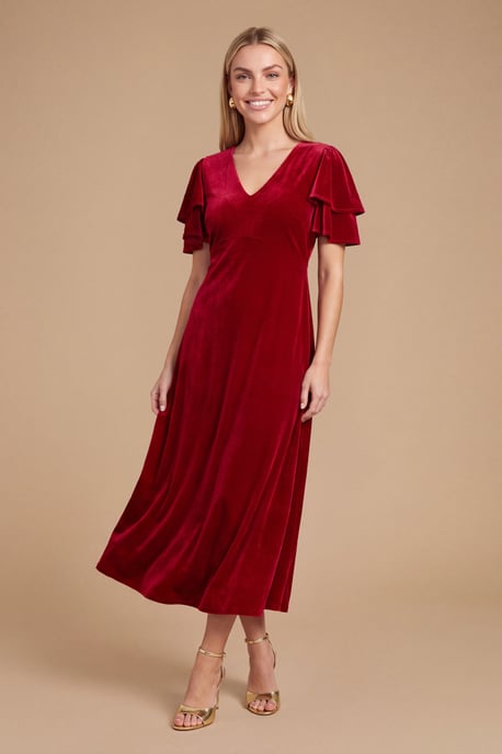 Petite DP Luxe Velvet Double Flutter Midi Dress - Image 1