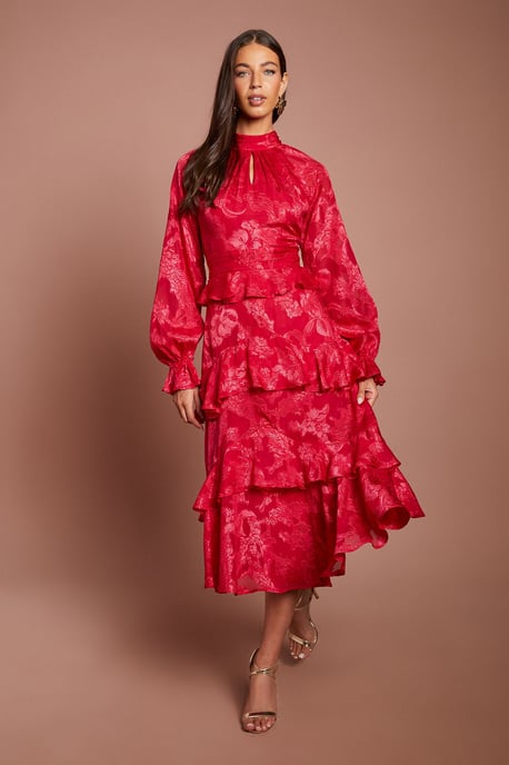 Satin Jacquard Long Sleeve Peplum Tiered Midi Dress - Image 1