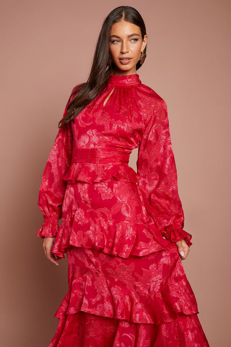 Satin Jacquard Long Sleeve Peplum Tiered Midi Dress - Image 2
