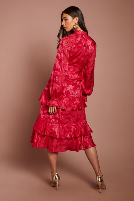 Satin Jacquard Long Sleeve Peplum Tiered Midi Dress - Image 3