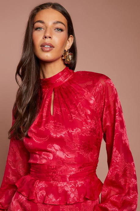 Satin Jacquard Long Sleeve Peplum Tiered Midi Dress - Image 4