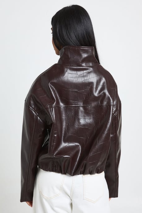 Funnel Neck Patent Faux Leather Jacket - Image 2