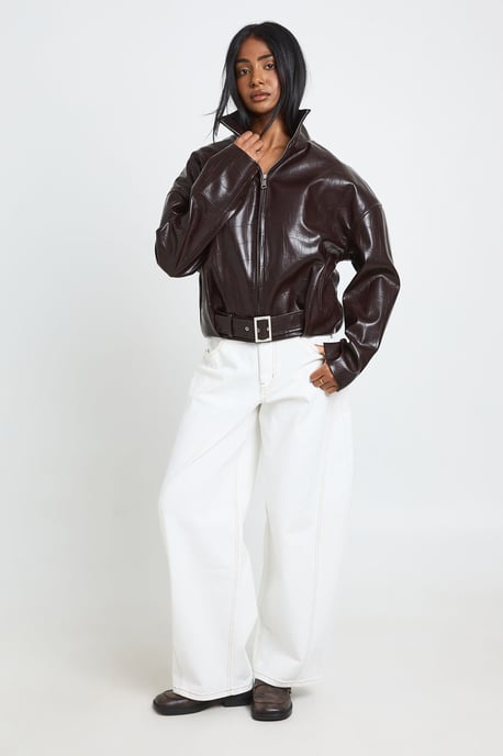 Funnel Neck Patent Faux Leather Jacket - Image 3