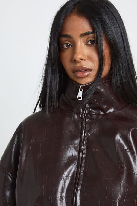 Funnel Neck Patent Faux Leather Jacket - Image 4