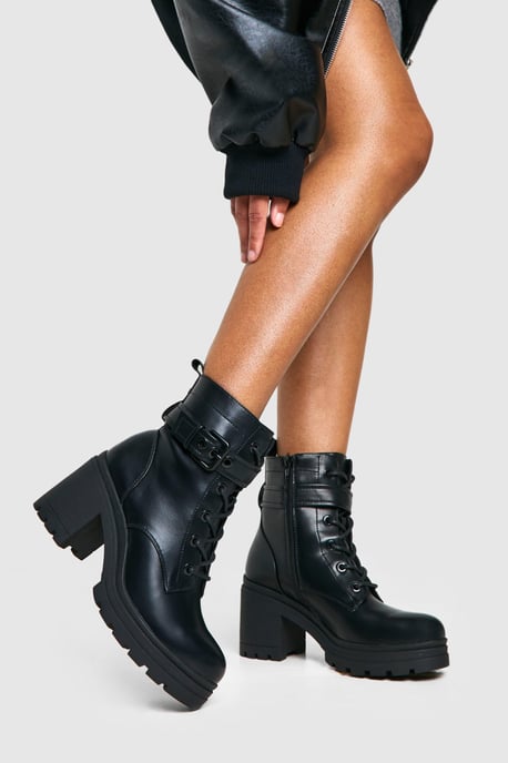 Buckle Detail Lace Up Hiker Boots - Image 1