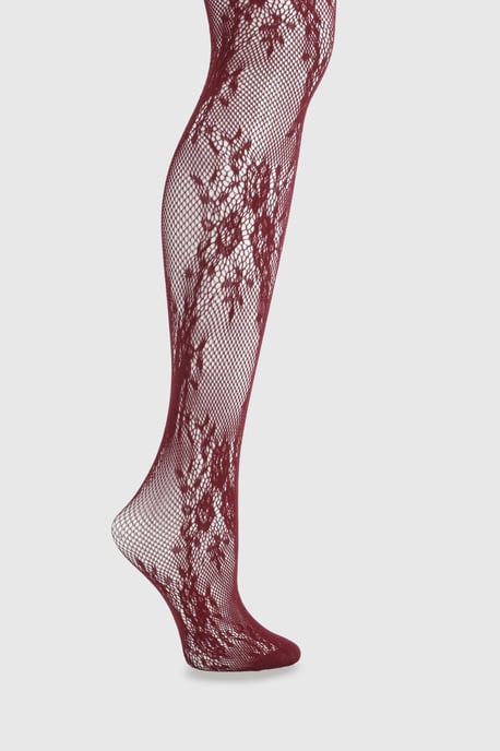 Dark Burgundy Floral Lace Fishnet Tights - Image 2