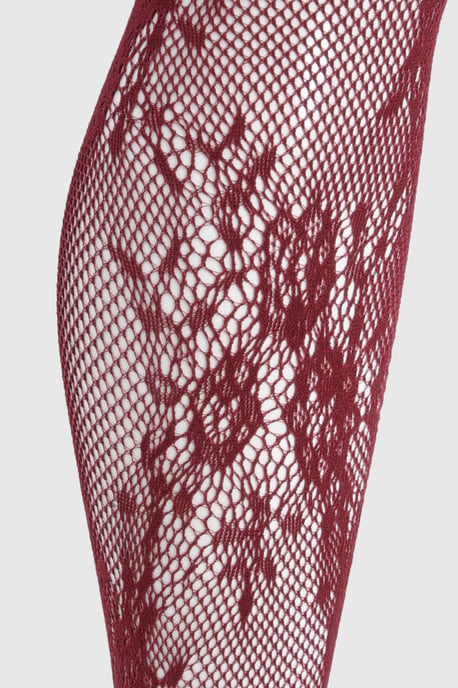 Dark Burgundy Floral Lace Fishnet Tights - Image 3
