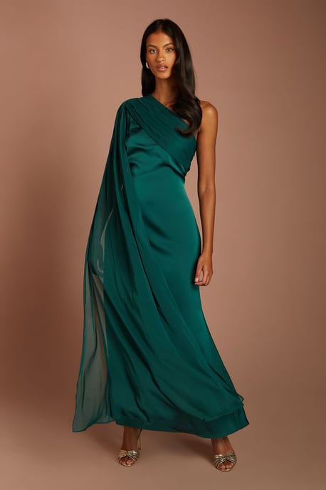 Petite Satin One Shoulder Chiffon Drape Maxi Dress - Image 1