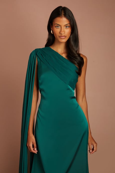 Petite Satin One Shoulder Chiffon Drape Maxi Dress - Image 2