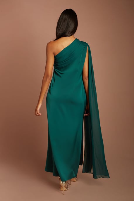 Petite Satin One Shoulder Chiffon Drape Maxi Dress - Image 3