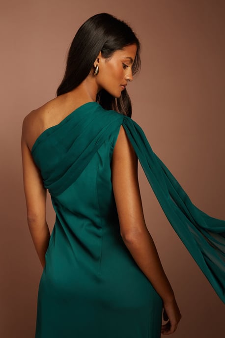 Petite Satin One Shoulder Chiffon Drape Maxi Dress - Image 4
