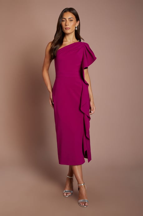 One Shoulder Ruffle Crepe Pencil Midi Dress - Image 1