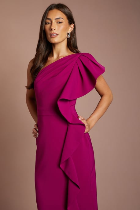 One Shoulder Ruffle Crepe Pencil Midi Dress - Image 2