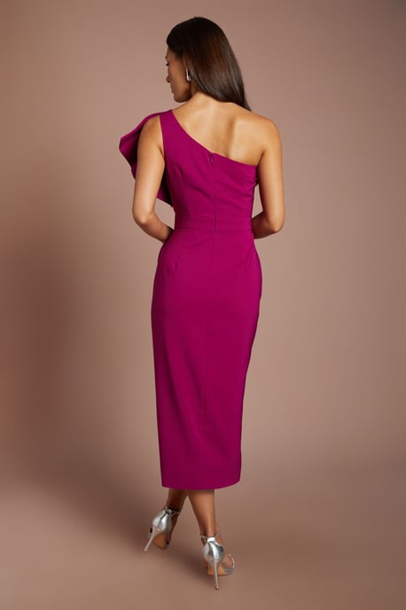 One Shoulder Ruffle Crepe Pencil Midi Dress - Image 3