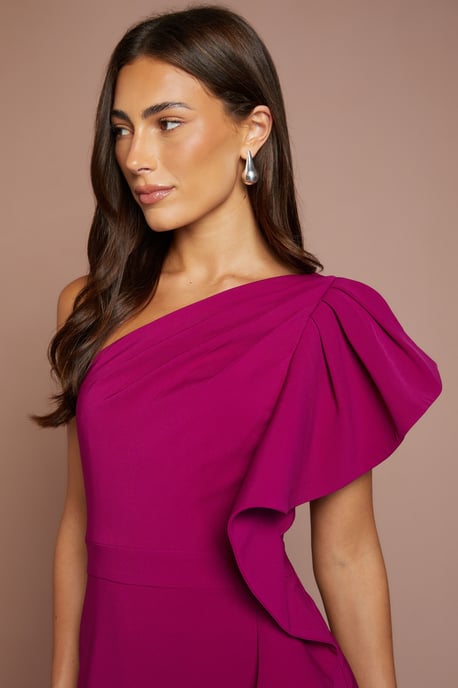 One Shoulder Ruffle Crepe Pencil Midi Dress - Image 4