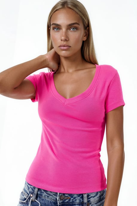 Elastische V-hals Korte Mouw T-Shirt - Image 1