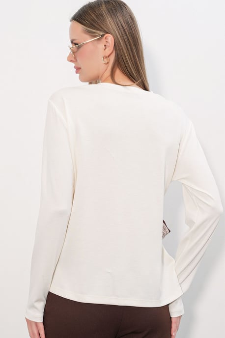 Dames Langsleeve Crew Neck Top Met Strikdetail - Image 6