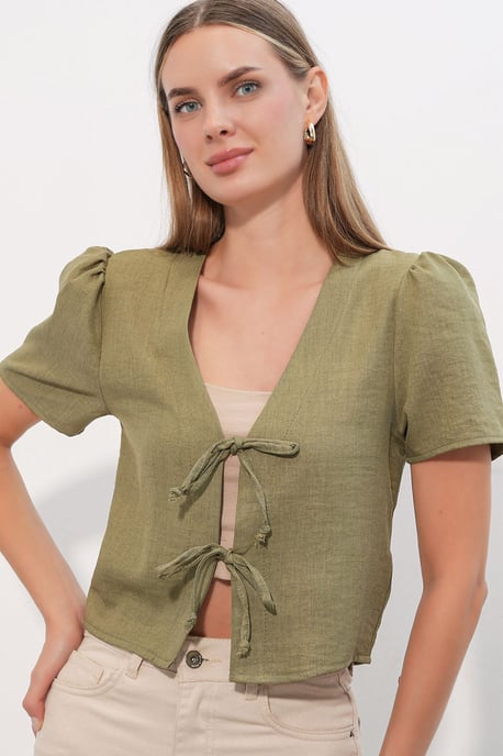 Textured V-Neck Linen Blend Crop Top - Image 1