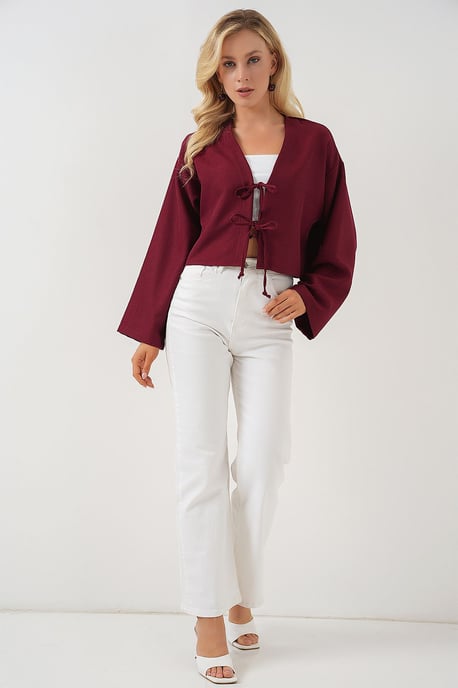 Viscose Blend V-Hals Lange Mouw Kimono met Binding Detail - Image 2
