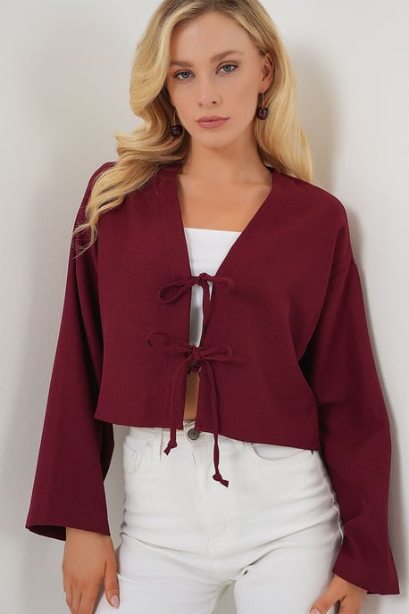 Viscose Blend V-Hals Lange Mouw Kimono met Binding Detail - Image 4