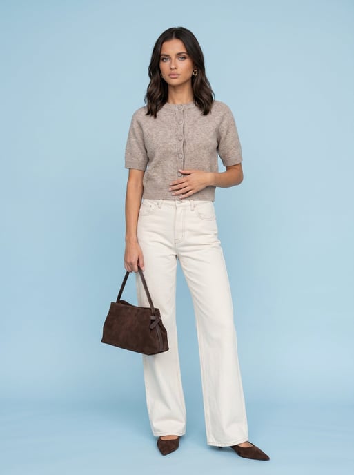 Taupe Wool Blend Short Sleeved Cardigan - Image 1