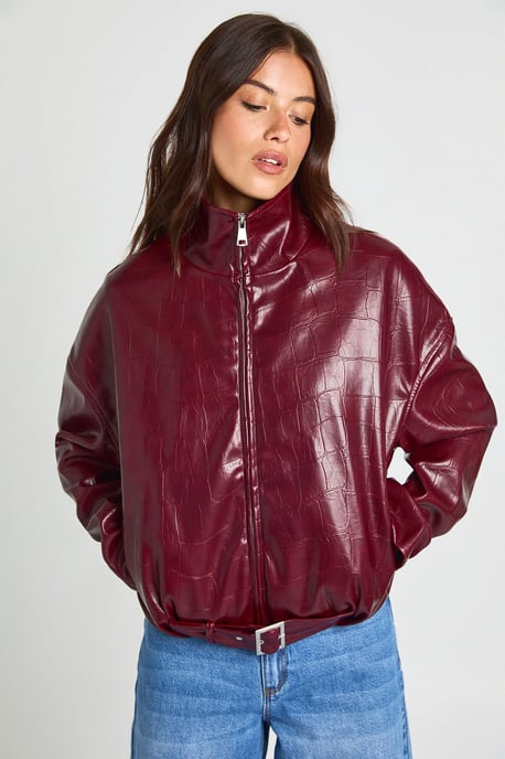 Funnel Neck Patent Faux Leather Jacket - Image 1