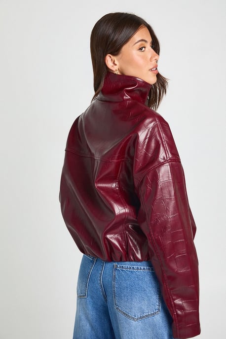 Funnel Neck Patent Faux Leather Jacket - Image 2