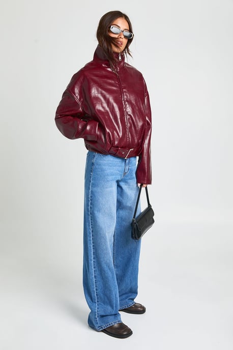 Funnel Neck Patent Faux Leather Jacket - Image 3