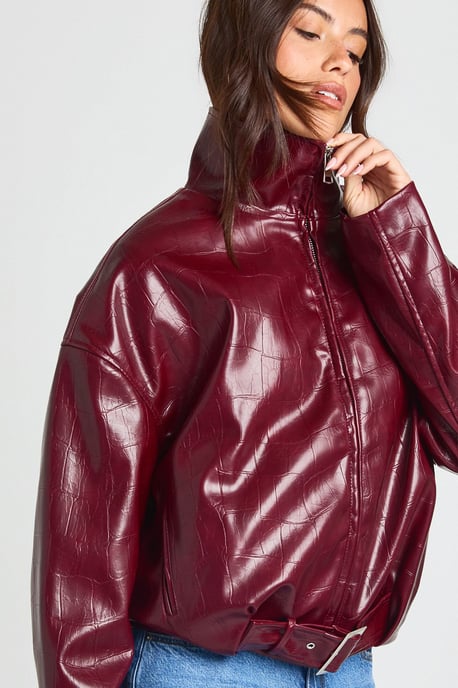 Funnel Neck Patent Faux Leather Jacket - Image 4
