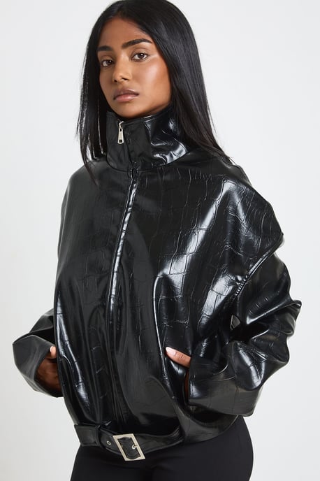 Tall Funnel Neck Patent Faux Leather Jacket - Image 1