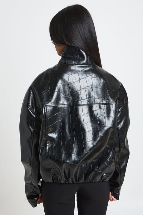 Tall Funnel Neck Patent Faux Leather Jacket - Image 2