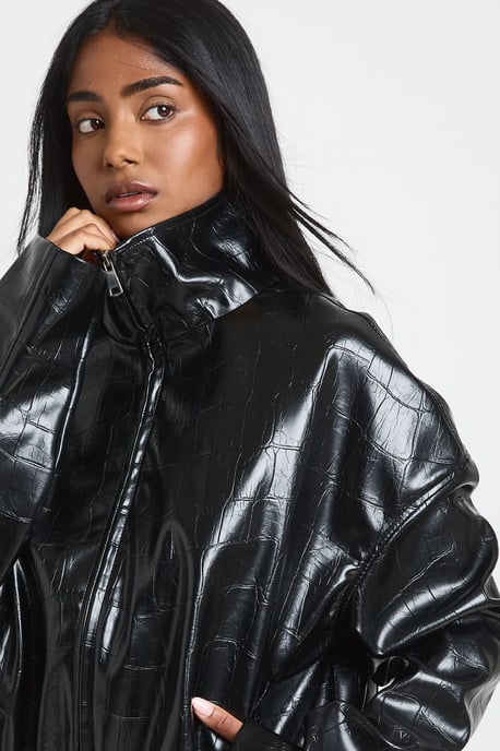 Tall Funnel Neck Patent Faux Leather Jacket - Image 4
