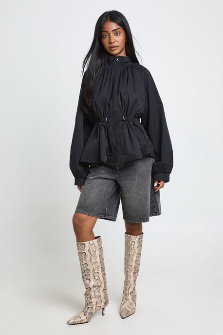 Funnel Neck Cinched Waist Jacket - Image 1