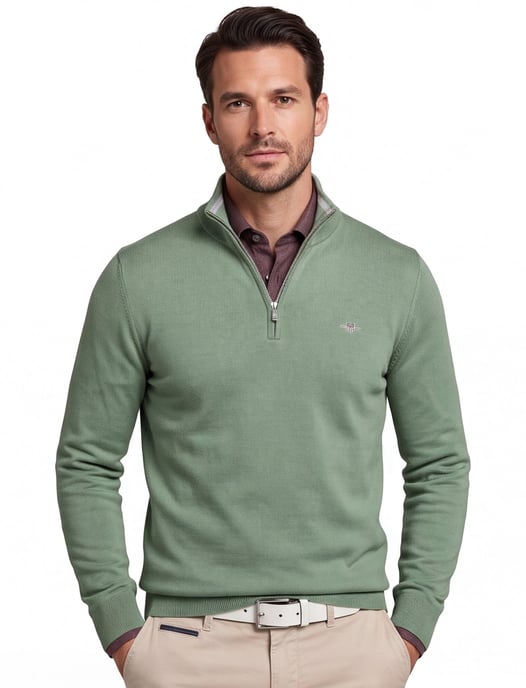 katoenen trui Gant half zip trui effen groen normale fit - Image 1