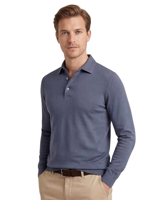 Profuomo Poloshirt blauw lange mouw gemeleerd - Image 1