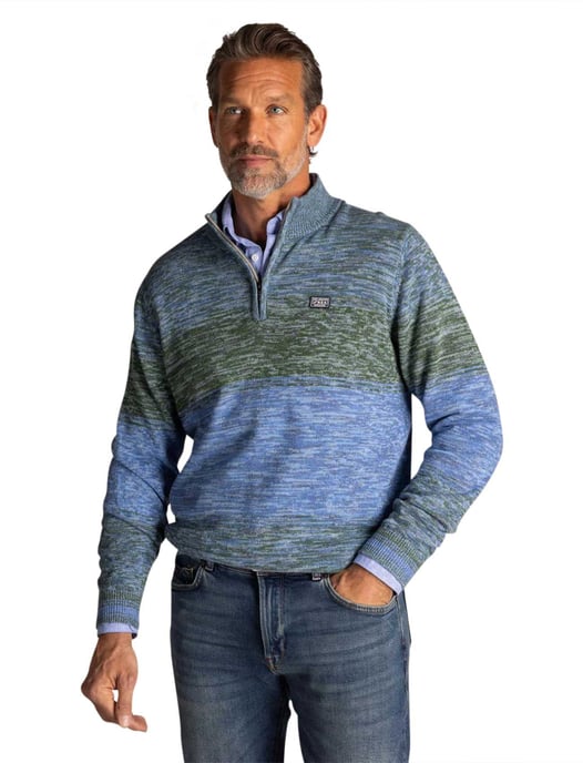 Half zip New Zealand trui gebreid blauw en groen gemeleerd - Image 1
