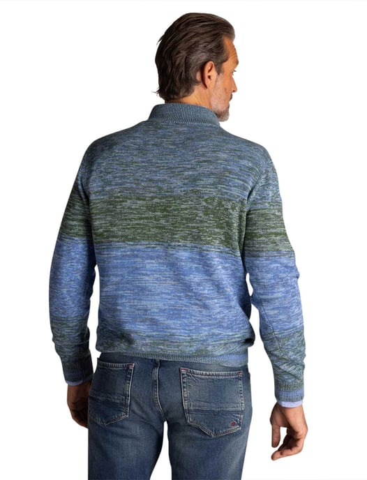 Half zip New Zealand trui gebreid blauw en groen gemeleerd - Image 2