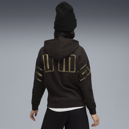Women's Puma Maximal Metallic Comfort Tech Fleece Overhead Hoodie in Puma Black - Image 4